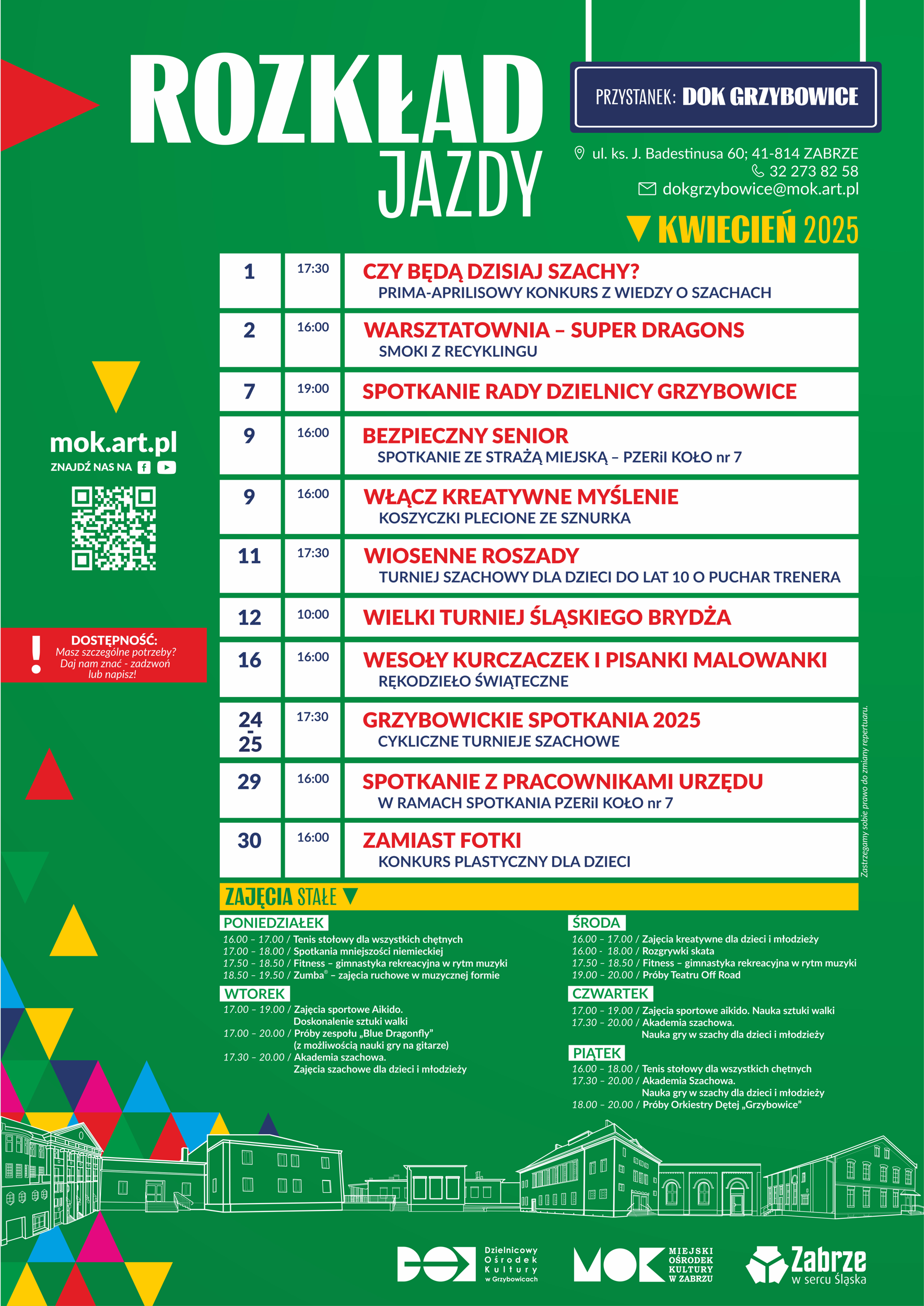 zielony plakat z rozkładem jazdy DOK Grzybowice na kwiecień 2025